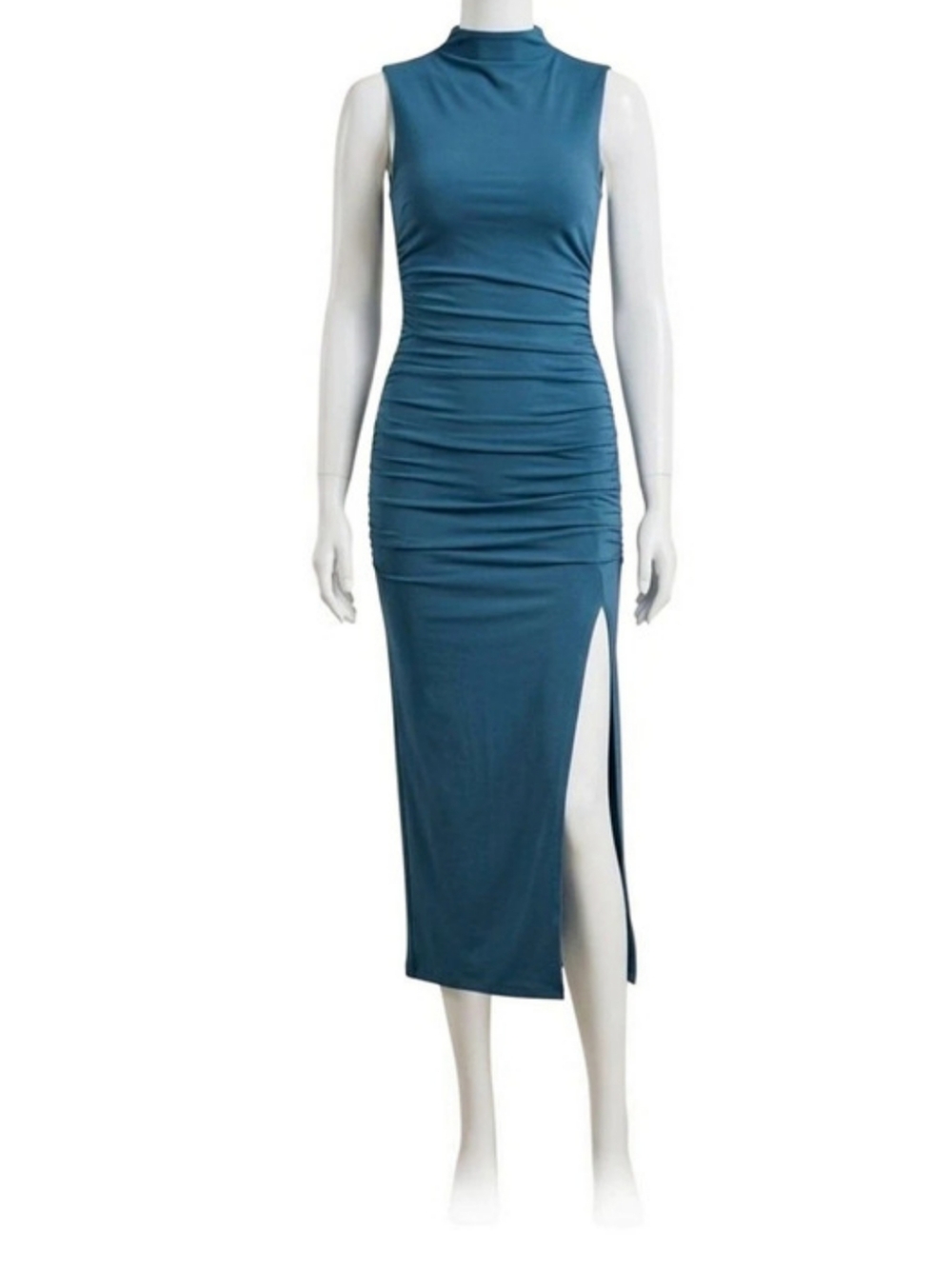 Hello Molly Mock Neck Side Slit Ruched Midi Dress Ruched Side-Slit Midi Dress
